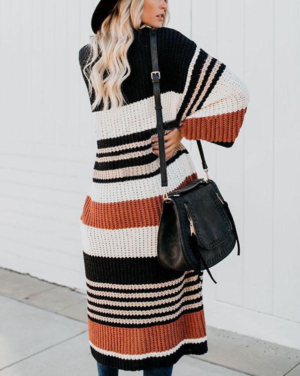 Fashion Loose Stripe Knit Sweater Cardigan Long Coat