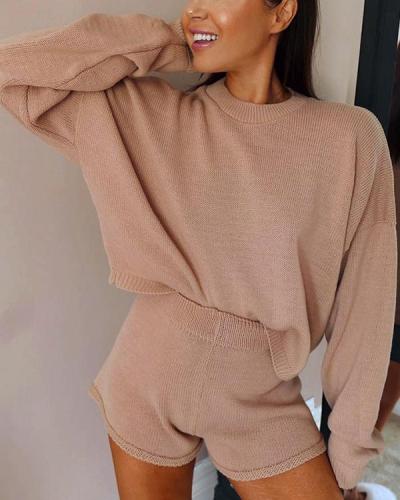 Casual Loose Loungewear Solid Knit Top&Shorts Set