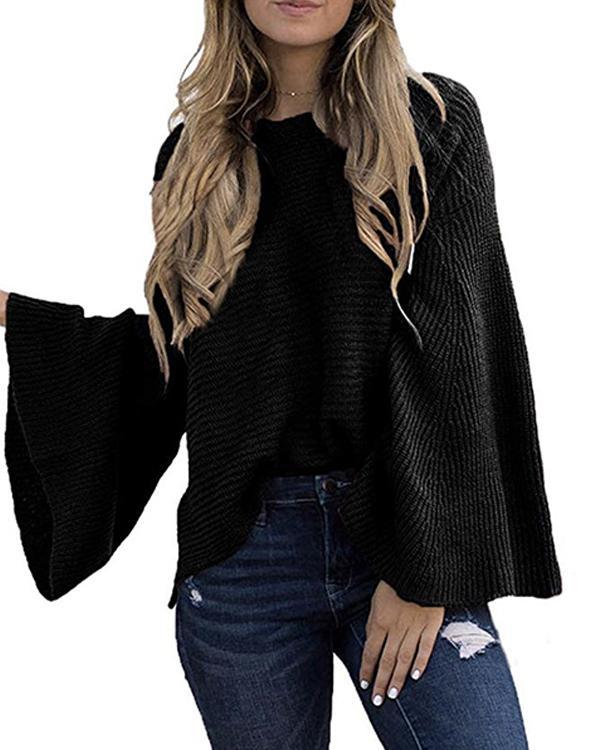 Solid Flare Sleeve Pullover Sweaters