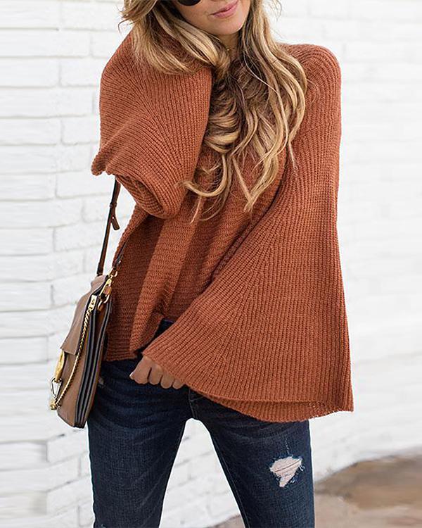 Solid Flare Sleeve Pullover Sweaters