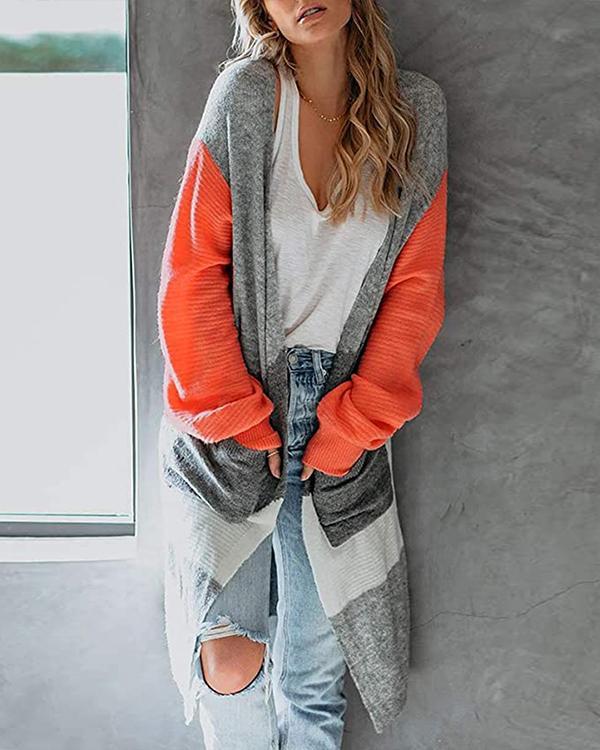 Fashion Straight Color Block Knit Sweater Cardigan Long Coat