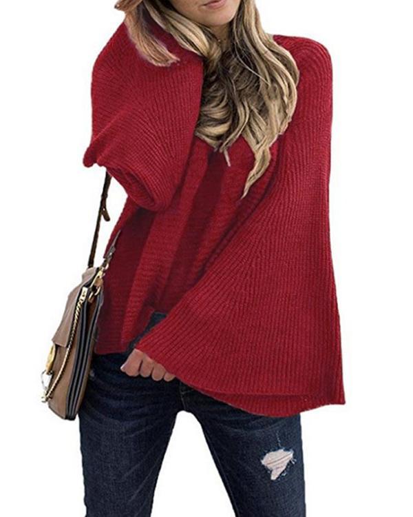 Solid Flare Sleeve Pullover Sweaters