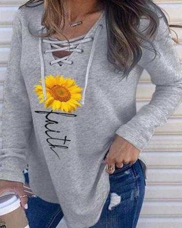 Lace Up Hooded Pullover Print Sweatshirts