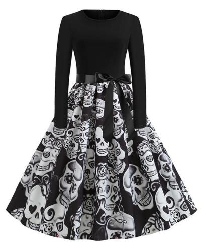 Halloween Pumpkin/Skull Round Neck Print Dress With Waistband