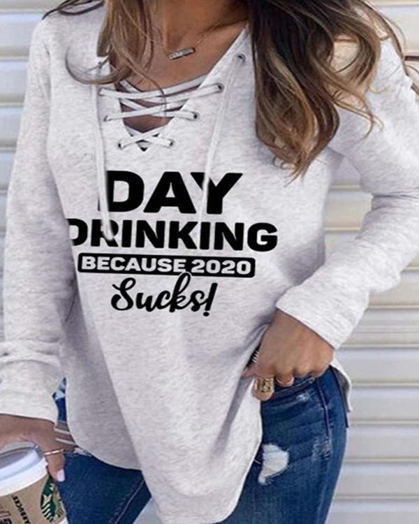 Lace Up Hooded Pullover Print Sweatshirts