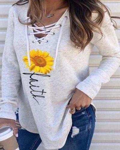 Lace Up Hooded Pullover Print Sweatshirts