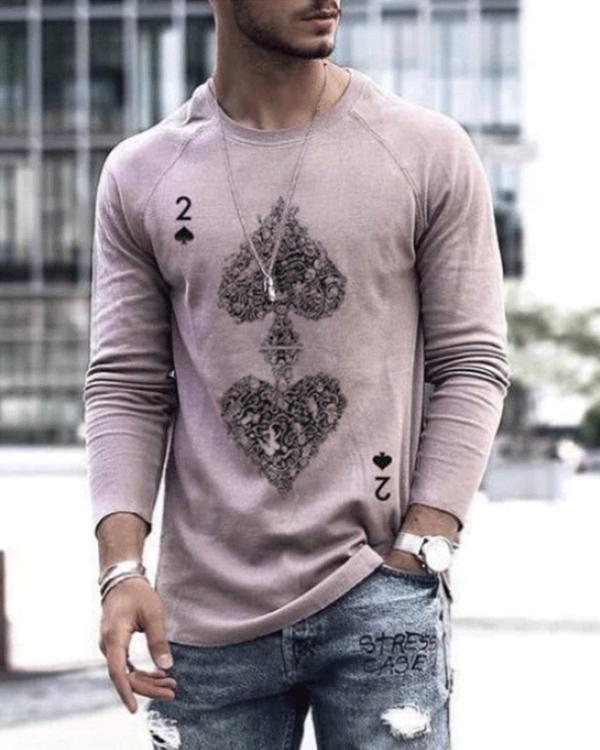 Mens Fashion Art Spades Poker Print Long Sleeve T-shirt