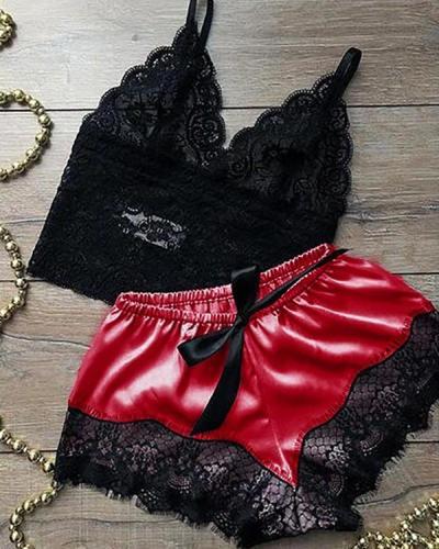 Spaghetti Strap Lace Bowknot Lingerie Set