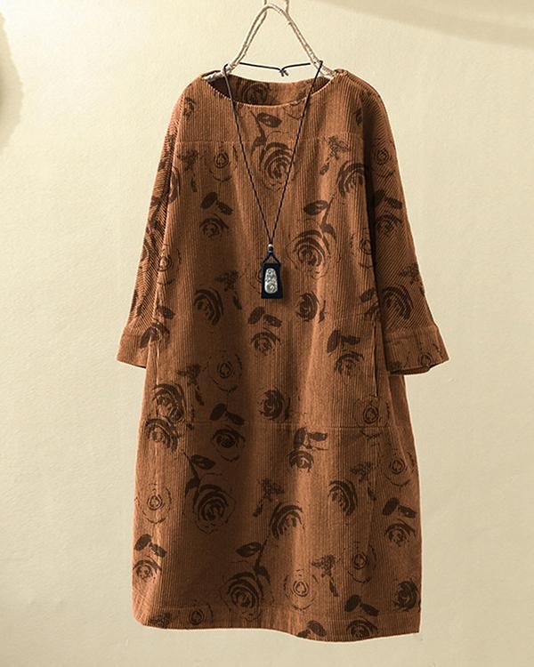 Vintage Flowers Print Corduroy Loose Dress with Pockets