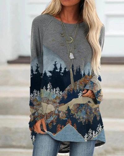 Landscape Print Cotton Blend Long Sleeve Shirt & Top