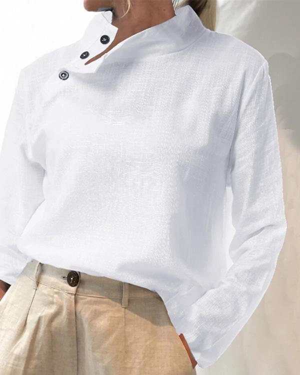 Women Solid Color Button High Collar Long Sleeve Shirts
