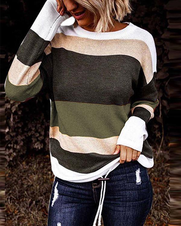 Plus Size Color Block Round Neck Casual Sweaters