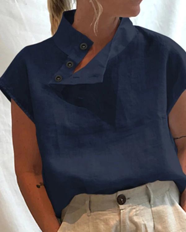 Women Solid Color Button High Collar Short Sleeve Shirts