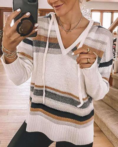 Color Block Hooded Casual V Neck Drawstring Sweaters