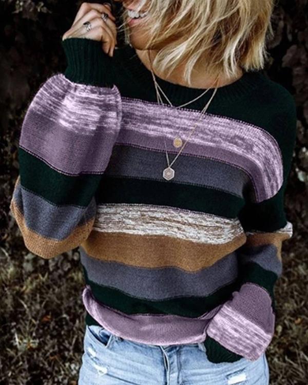 Stripes Crew Neck Sweaters Long Sleeve Womens Knit Sweaters