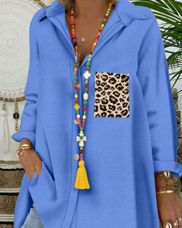 Leopard Lapel Long Sleeves Button Up Casual Shirt Blouses