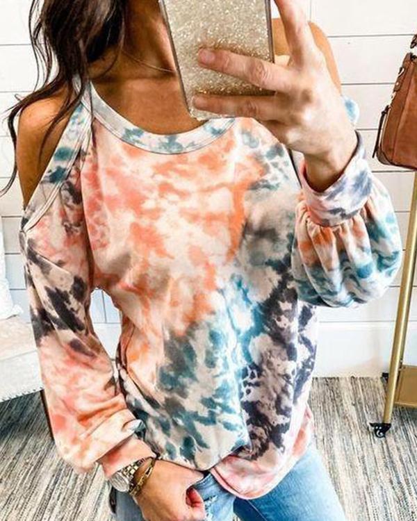 Tie Dye Cold Shoulder Long Sleeve Blouse