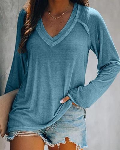 Plus Size Solid V-Neck Long Sleeves Casual T-shirts