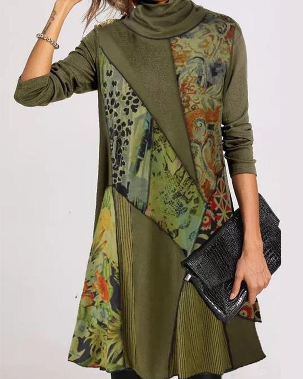 Casual Floral Tunic Draped Neckline Shift Dress