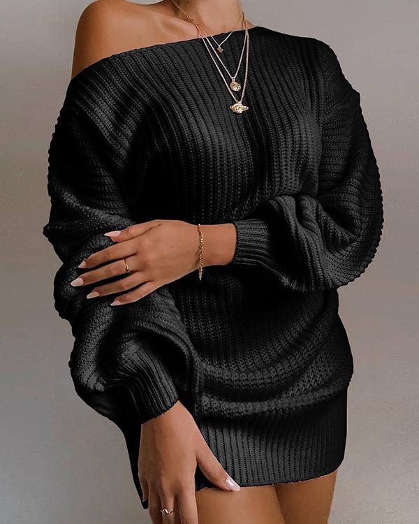 Solid One Shoulder Casual Long Sweater Dress