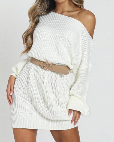 Solid One Shoulder Casual Long Sweater Dress