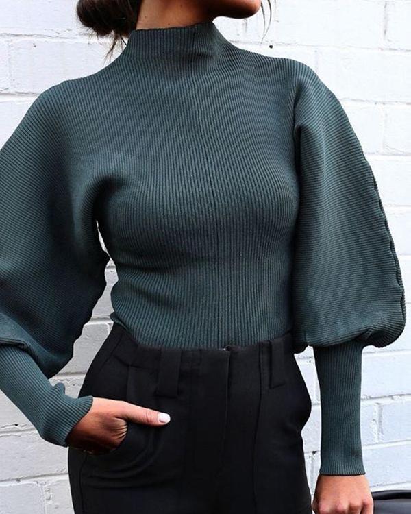 Solid Turtle Neck Ribbed Sweaters Lantern Sleeve Womens Knit Sweaters