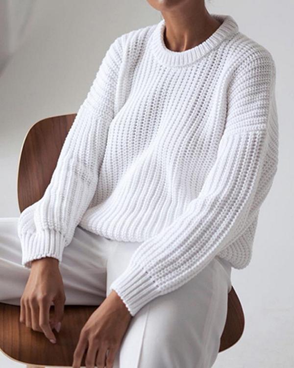 Fashion Casual Long Sleeve Solid Color Round Neck Sweater