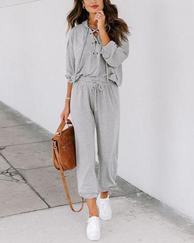 Casual Cozy Lace-up V Neck Hoodie Sweatshirt&Pants Set Sportswear