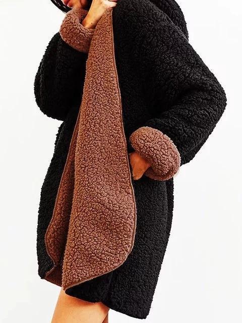 Pockets Hoodie Casual Faux fur Winter Solid Teddy Bear Coat