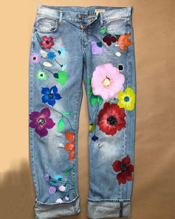 Denim Floral Casual Pants