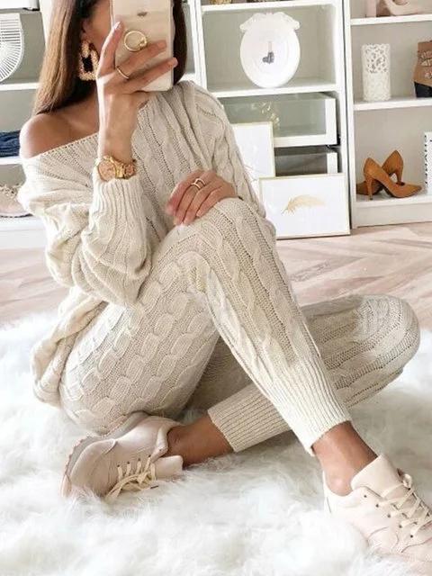 Women's Stylish Round Neck Two Piece Casual Warm Knit Wear Suit Sets