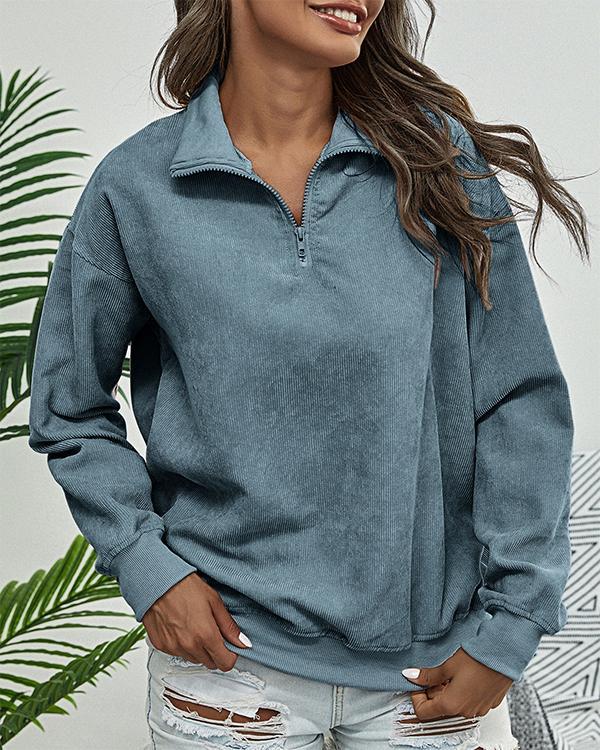Women's Fashion Corduroy Stand Collar Zipper Pullover Sweatshirt