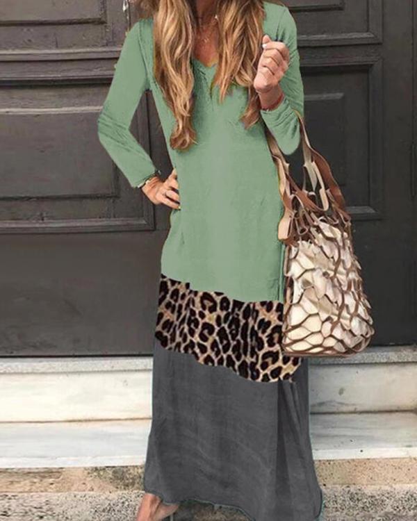 Plus Size Print/Leopard Long Sleeves Shift Casual Maxi Dresses