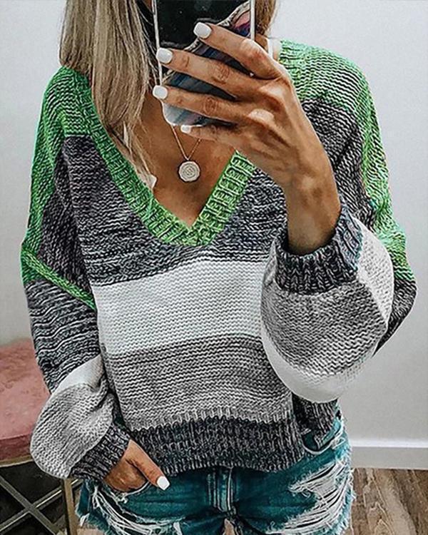 Casual V-Neck Stripe Color Block Sweaters