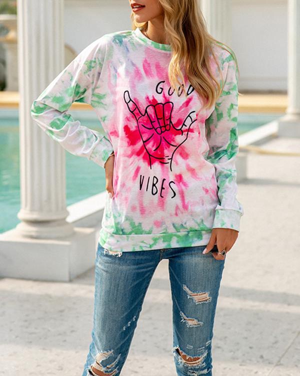 Crew Neck Letter Print Tie-dye Loose T-shirt