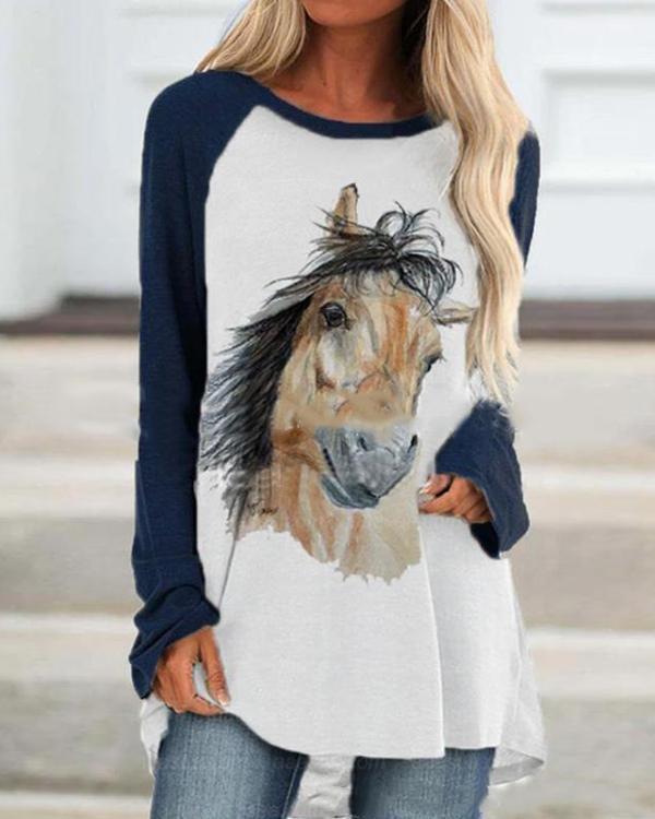 Horse Printed Casual Round Neckline Long Sleeve Blouses