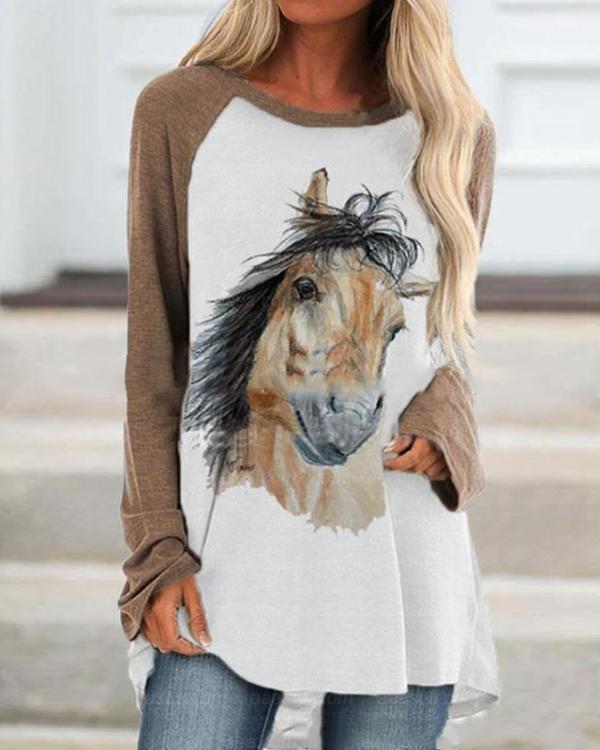 Horse Printed Casual Round Neckline Long Sleeve Blouses