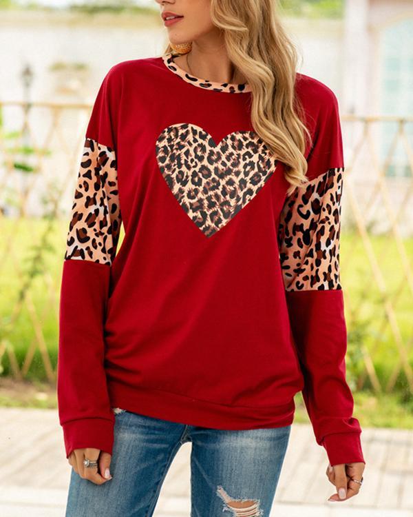 Leopard Heart Print Long Sleeve Sweatshirt