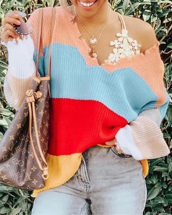 Fashion Rainbow V-Neck Outerwear Sweater