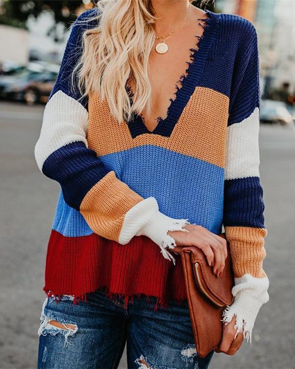 Fashion Rainbow V-Neck Outerwear Sweater