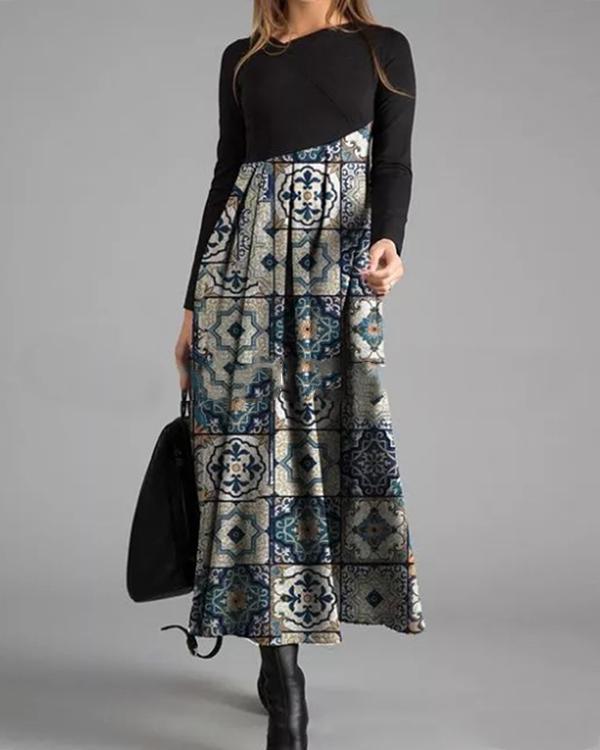 Casual Vintage Abstract Print Tunic V-Neckline Shift Maxi Dress