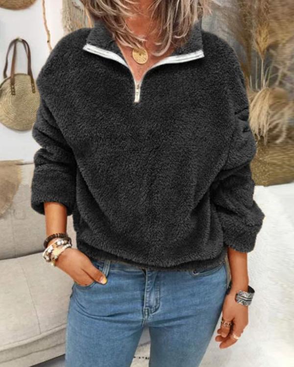 Plus Size Solid Polar Fleece Zipper Sweatshirt For Women