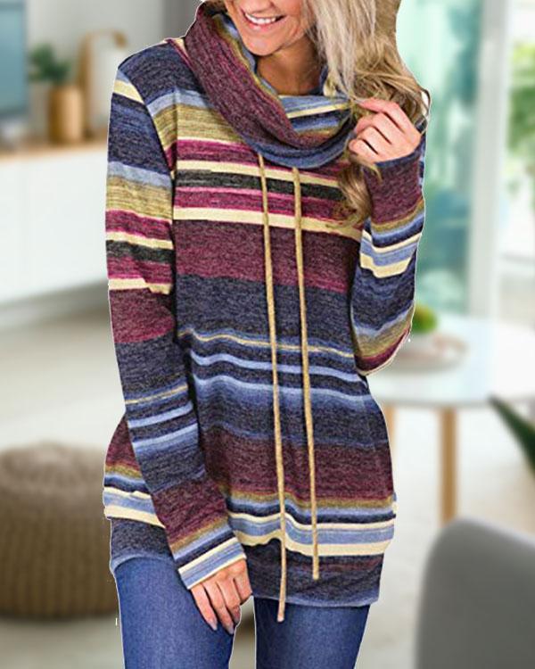 Heap Collar Long Sleeves Stripe Tops