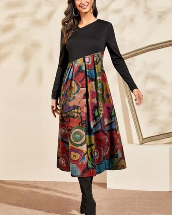 Casual Vintage Abstract Print Tunic V-Neckline Shift Maxi Dress