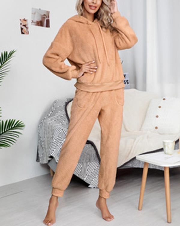 Women Solid Color Long Sleeve Hoody Loungewear