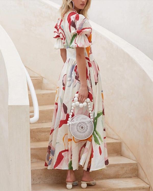 Casual Floral Print Puff Sleeve A-Line Holiday Maxi Dress