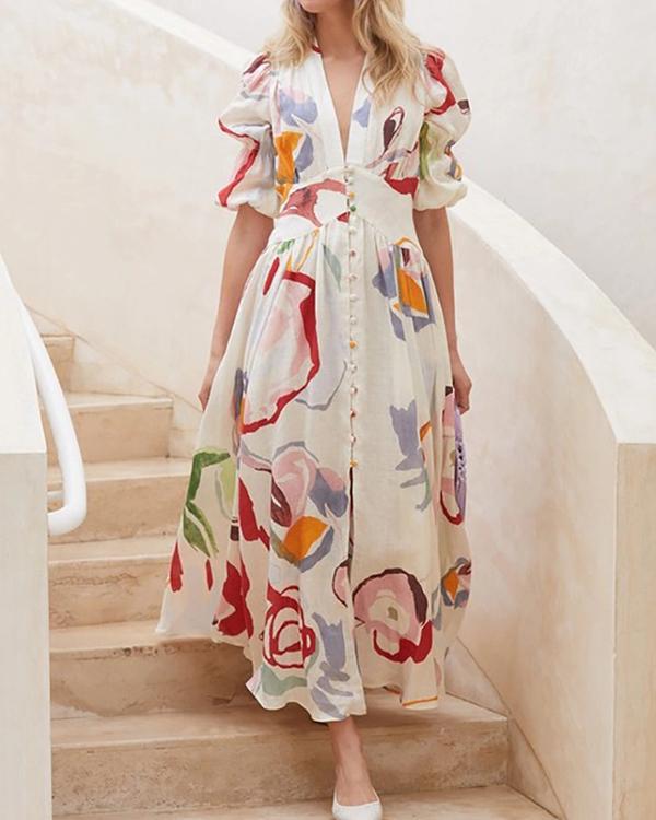 Casual Floral Print Puff Sleeve A-Line Holiday Maxi Dress