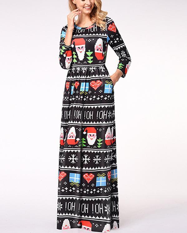 Casual Christmas Graphic Print A-Line O-Neckline Maxi Dress