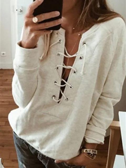 Plain Casual Eyelet V Neck 2018 Women's Fall/Autumn Sweatshirts