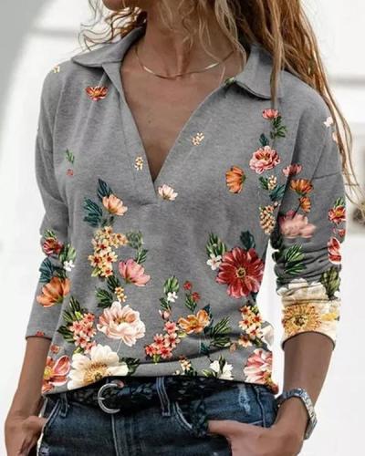 Women Printed Long Sleeve V Neck Shirts